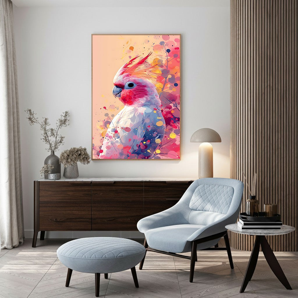 Wadi Home abstract cockatoo wall art with pink, blue, and yellow watercolor splashes.