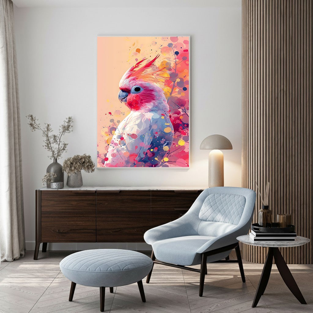 Wadi Home abstract cockatoo wall art with pink, blue, and yellow watercolor splashes.