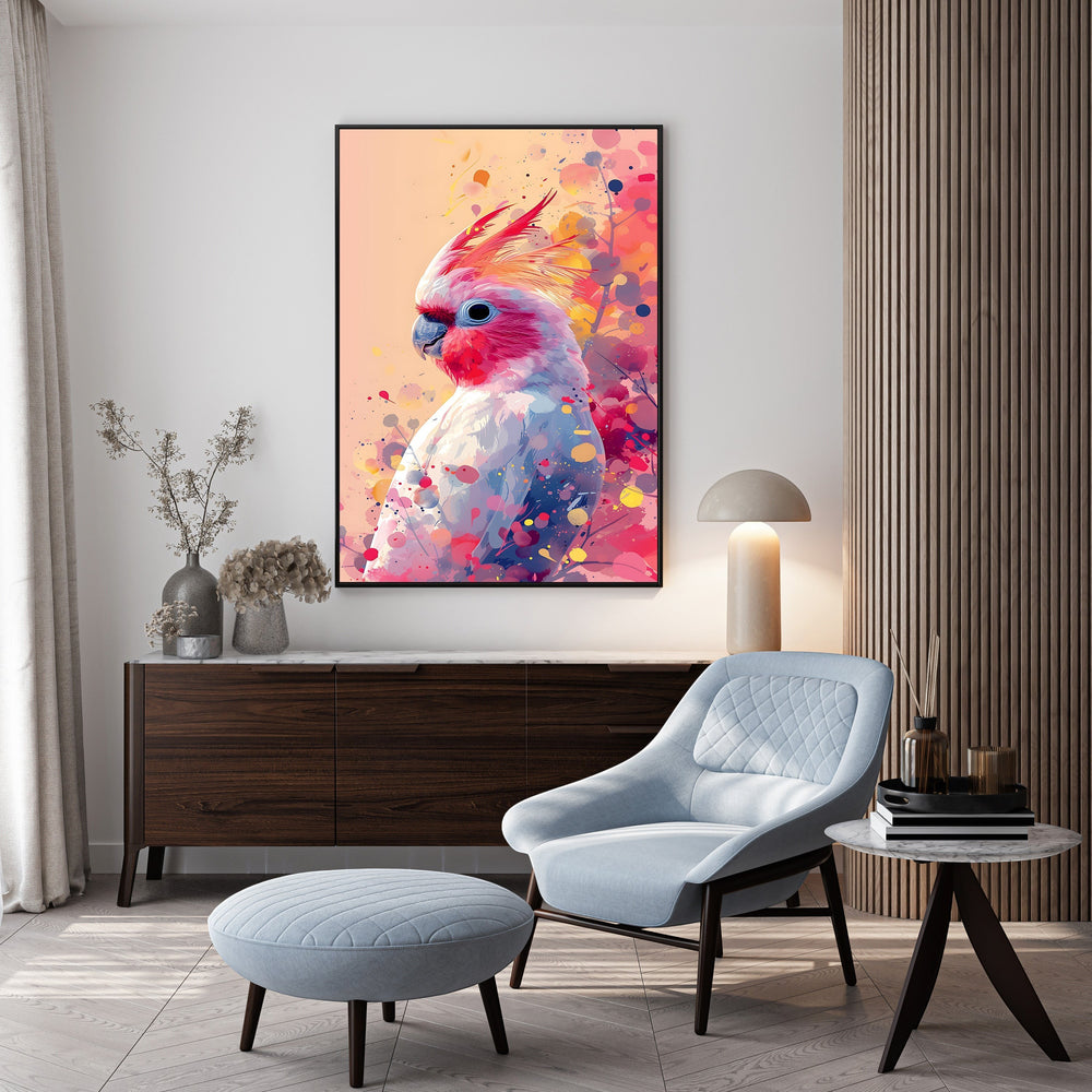 Wadi Home abstract cockatoo wall art in watercolor style with pink, blue, and yellow splashes.
