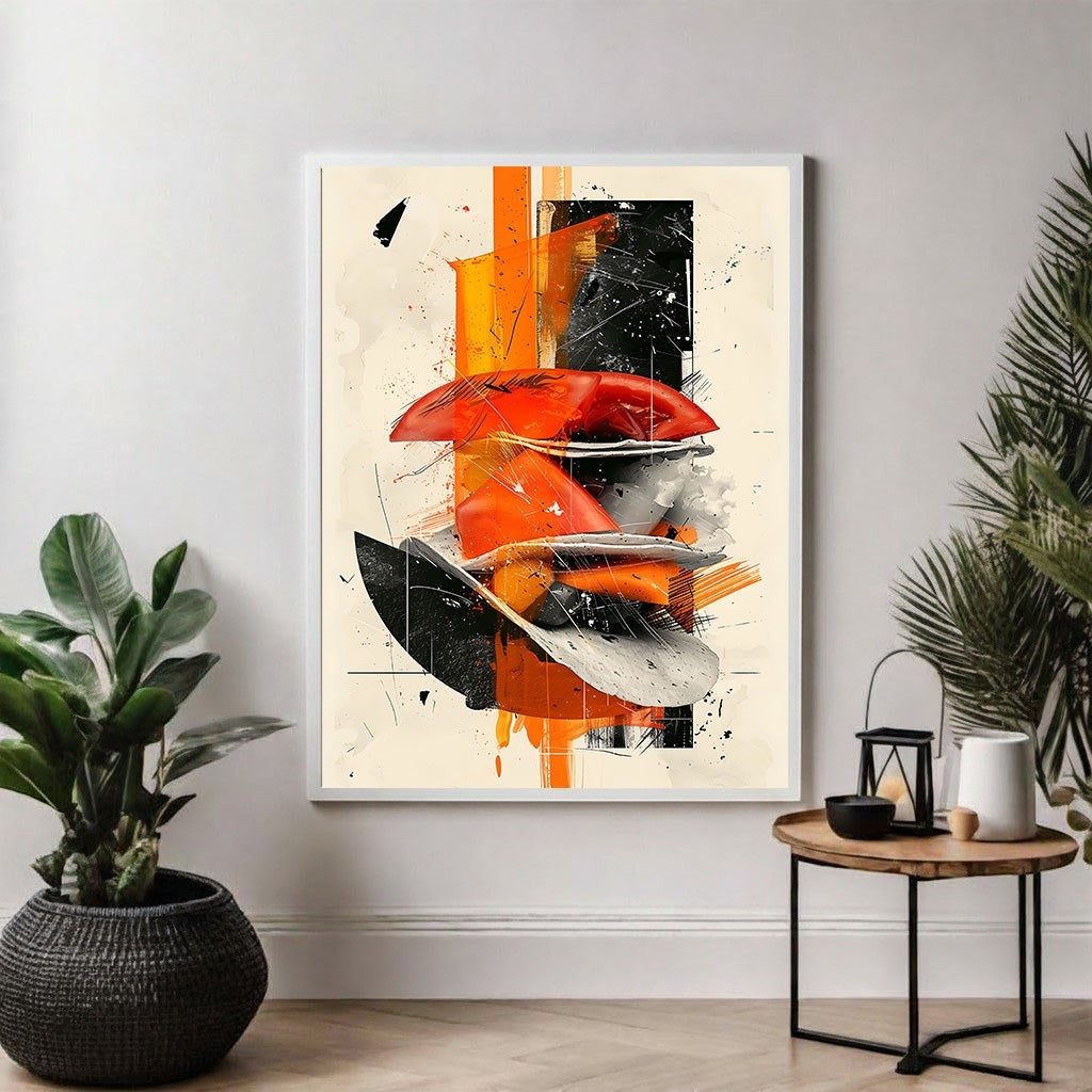 Wadi Home Abstract Compositional Wall Art with bold orange, black, and white abstract shapes and textures.