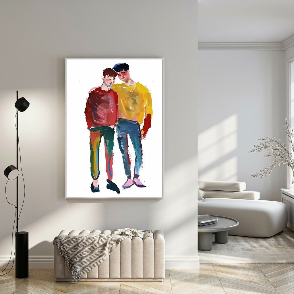 Wadi Home abstract watercolor couple portrait wall art featuring two men in colorful clothing, one in a red sweater, the other in yellow.