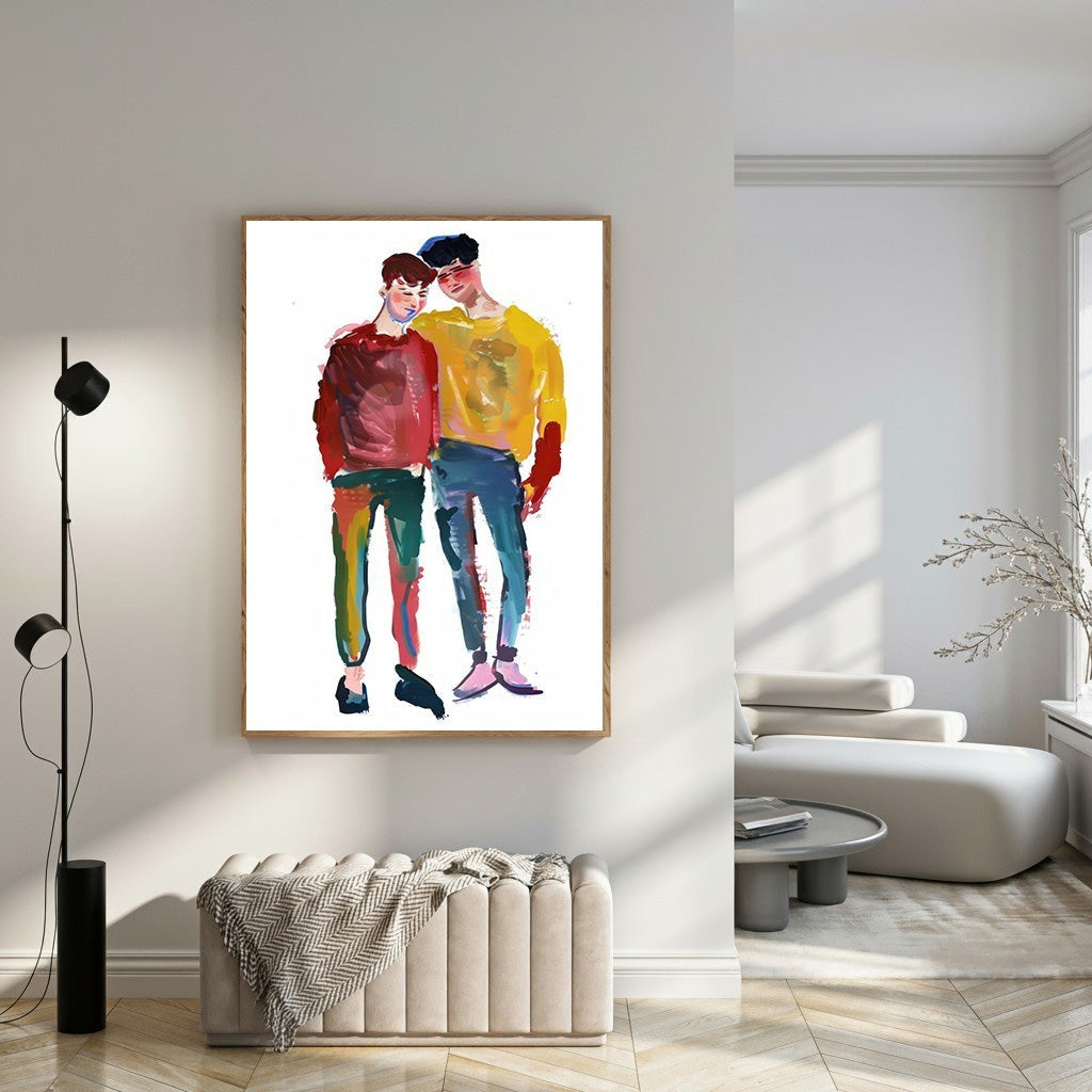 Wadi Home abstract couple portrait wall art, watercolor style, vibrant colors, modern design.