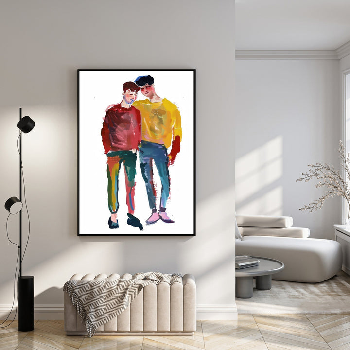 Wadi Home abstract couple portrait wall art, watercolor style, vibrant colors, modern design.