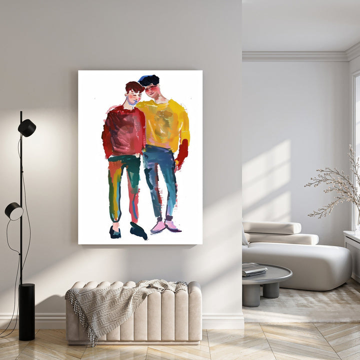 Wadi Home abstract couple portrait wall art, watercolor style, vibrant colors, modern design, two men embracing.