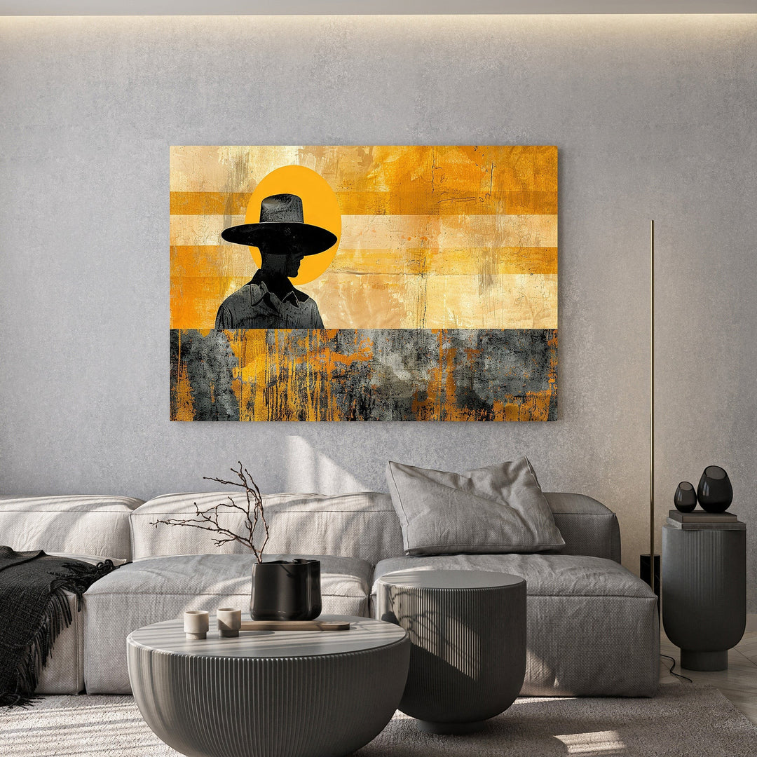 Wadi Home abstract cowboy silhouette wall art with yellow, grey, and black tones. Modern Western art.