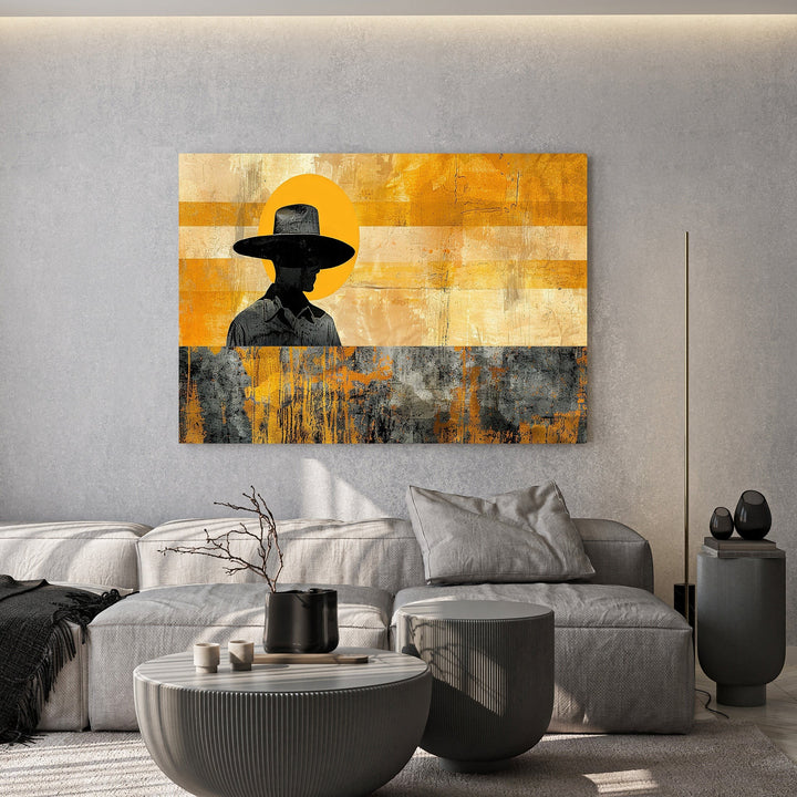 Wadi Home abstract cowboy silhouette wall art with yellow, grey, and black tones. Modern Western art.