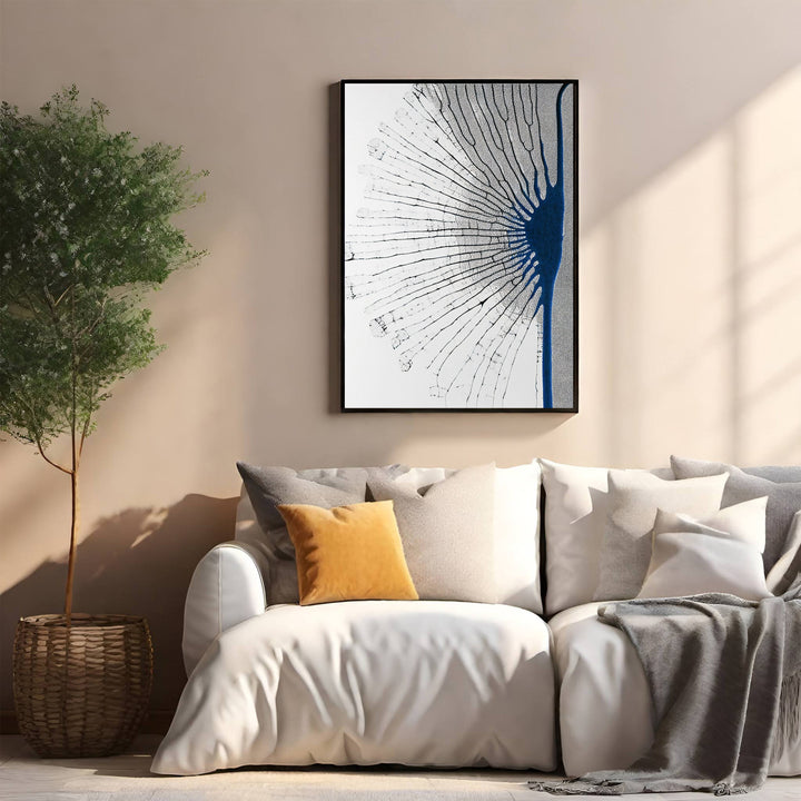 Wadi Home Abstract Dandelion Artwork, black and white seed head with blue accent, modern wall art.