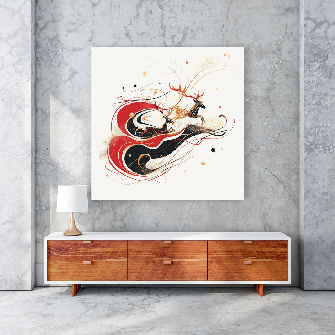 Wadi Home abstract art print featuring leaping deer in red, black, and gold on a cream background.