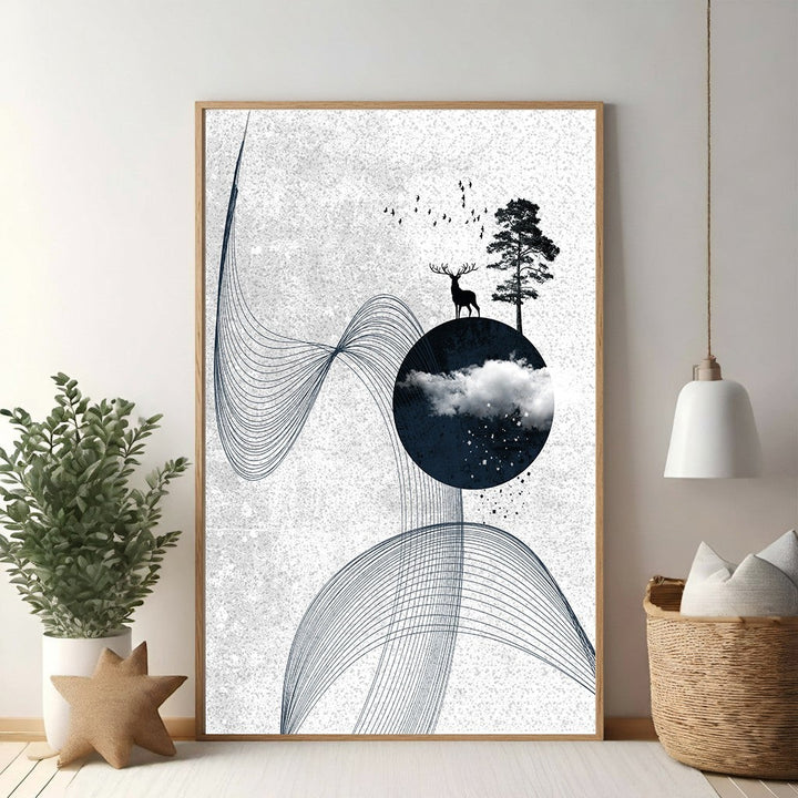 Wadi Home abstract deer and tree wall art with minimalist blue lines and serene woodland scene. Monochromatic palette with subtle blue accents.