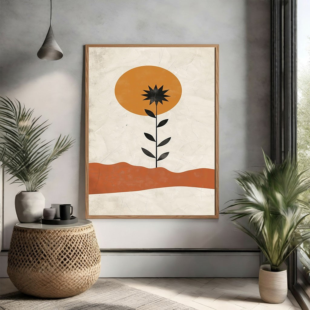 Wadi Home Abstract Desert Bloom Wall Art: black flower silhouette, orange sun, terracotta horizon on textured background.