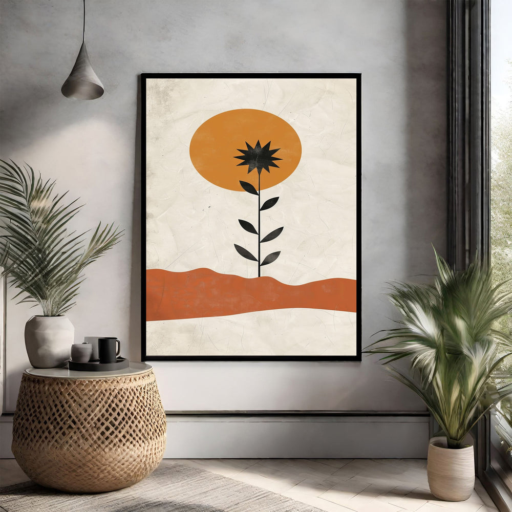 Wadi Home Abstract Desert Bloom Wall Art: black flower silhouette, orange sun, terracotta horizon on textured background.