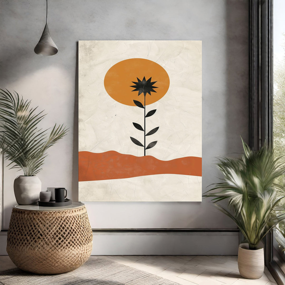 Wadi Home Abstract Desert Bloom Wall Art: black flower silhouette, orange sun, terracotta horizon on textured background.