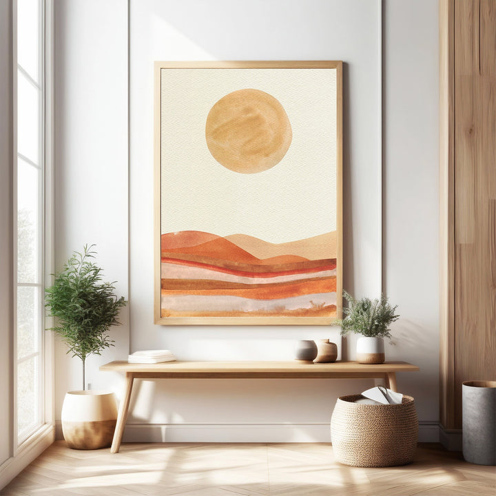 Wadi Home abstract desert landscape wall art with warm earthy tones and minimalist design. Features rolling dunes and a sun.