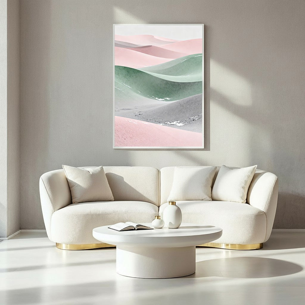 Wadi Home abstract desert landscape wall art with blush pink, sage green, and grey dunes.