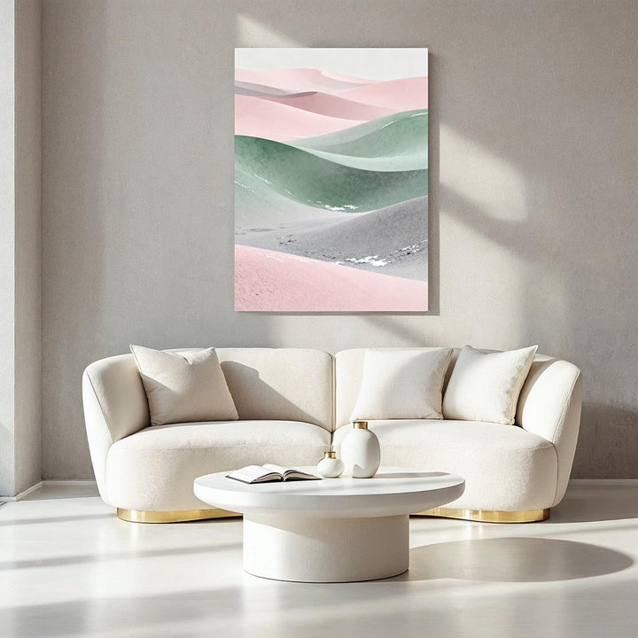 Wadi Home abstract desert landscape art with blush pink, sage green, and grey dunes. Modern wall art for living room.
