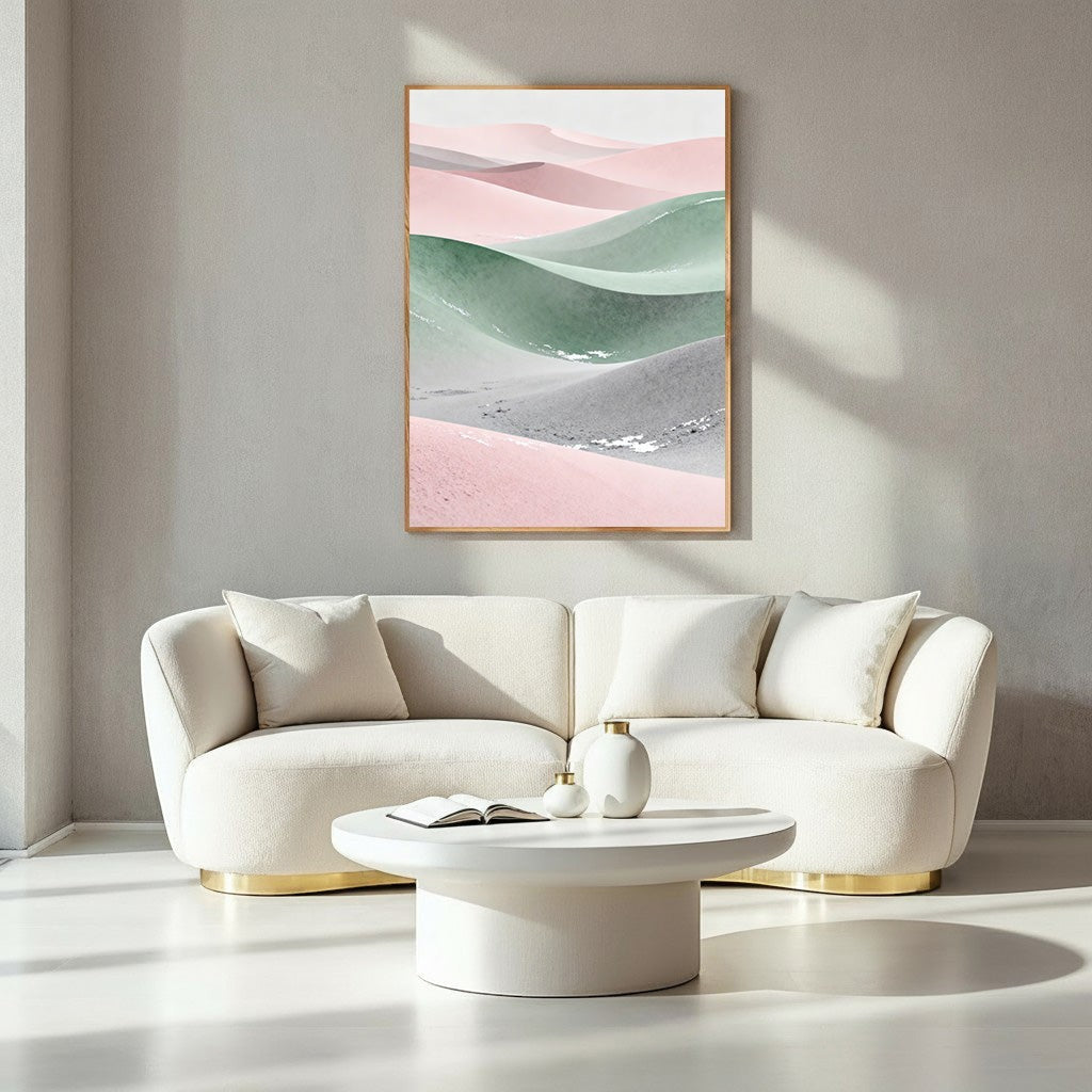 Wadi Home abstract desert landscape wall art with blush pink, sage green, and grey dunes.