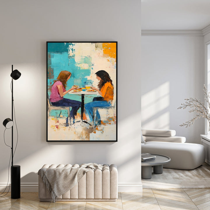 Wadi Home abstract painting of two figures dining together, vibrant turquoise, orange, and earthy tones, textured brushstrokes.
