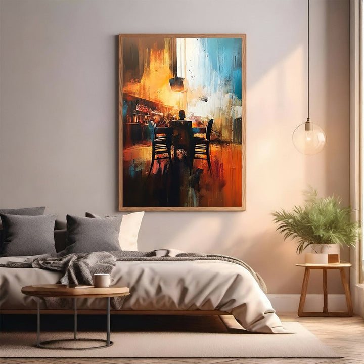 Wadi Home abstract dining room wall art with figures at a table, warm oranges and deep blues, painterly texture.