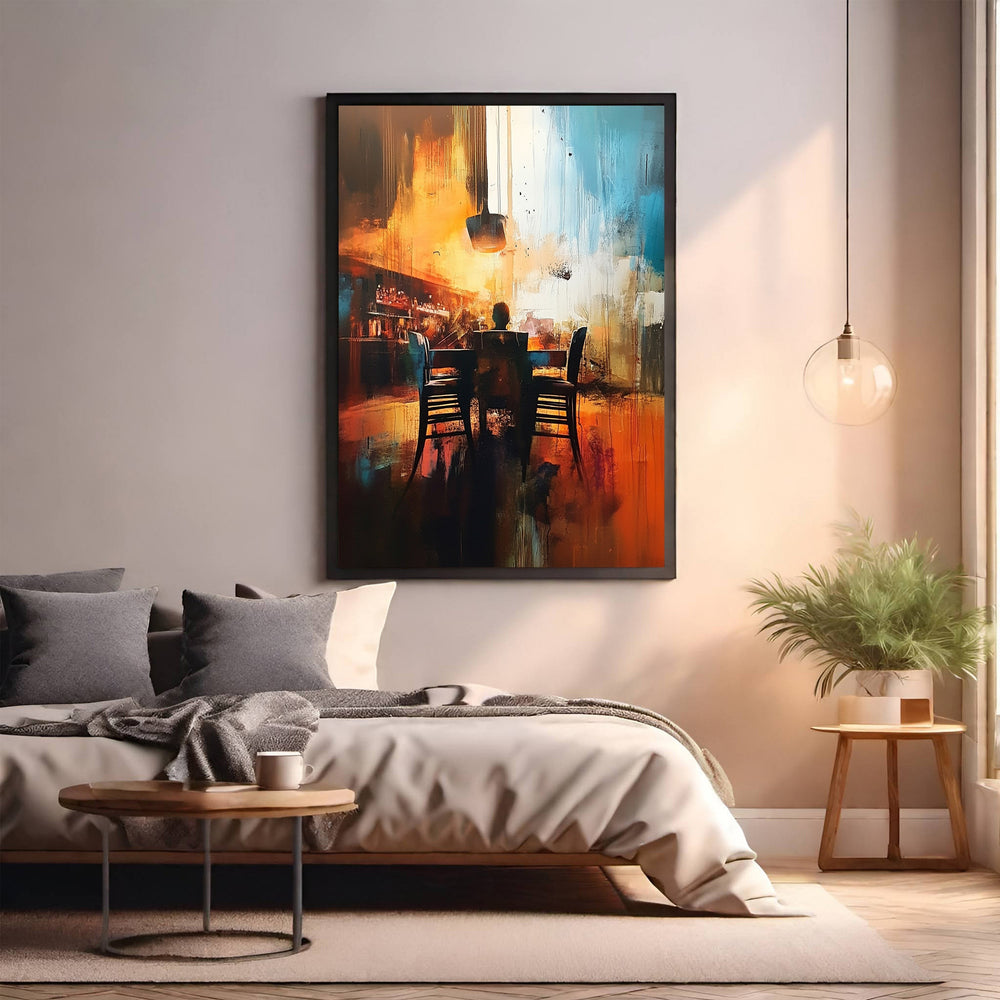 Wadi Home abstract dining room wall art with figures at a table, featuring warm oranges and deep blues.