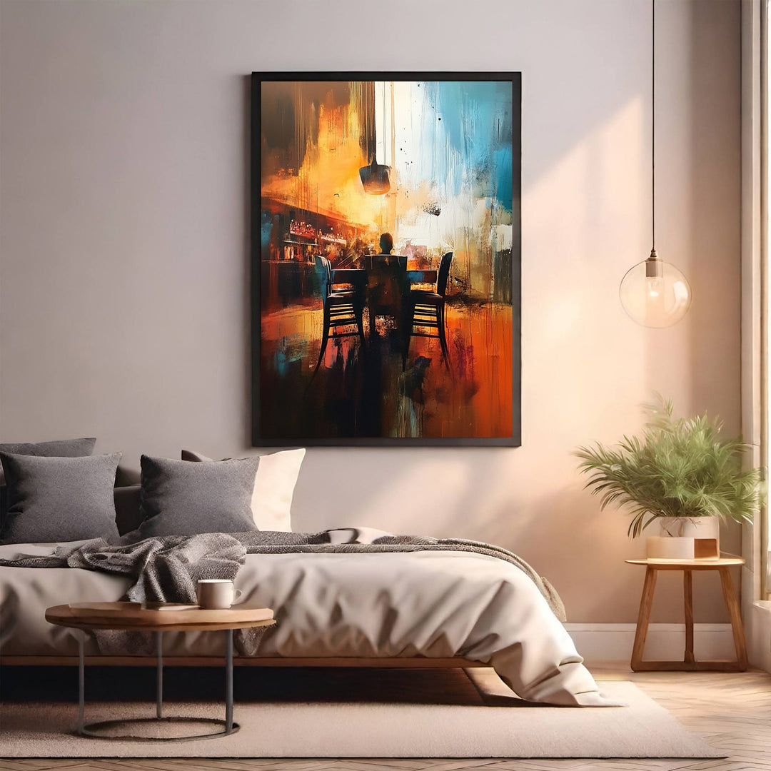 Wadi Home abstract dining room wall art with figures at a table, featuring warm oranges and deep blues.