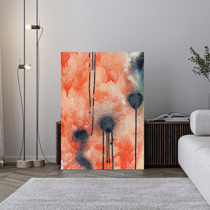 Wadi Home abstract drip painting wall art with coral background and black drips. Textured canvas print.