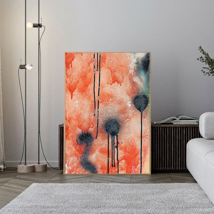 Wadi Home Abstract Drip Painting Wall Art with coral background, black drips, and abstract shapes. Textured canvas print.