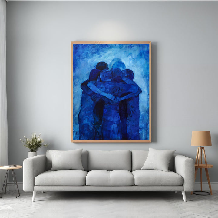 Wadi Home Abstract Embrace wall art, deep blue figures in a tender embrace, textured brushstrokes, modern abstract art.