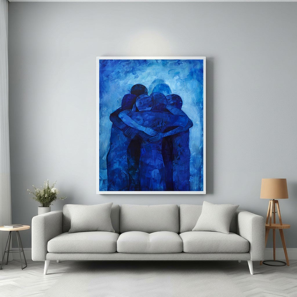 Wadi Home abstract wall art depicting figures in a deep blue embrace, textured brushstrokes, modern art.