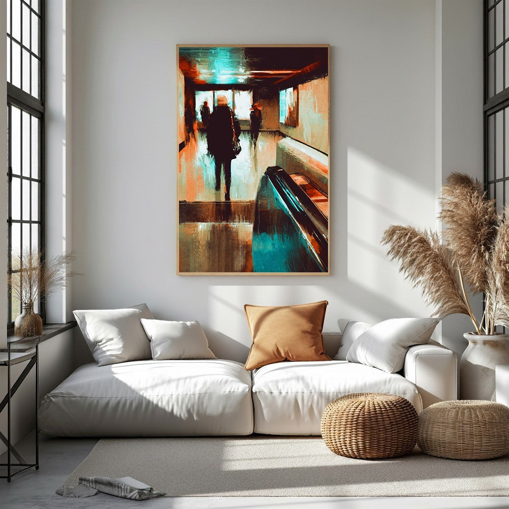 Wadi Home abstract wall art depicting silhouetted figures on an escalator with warm oranges, browns, and teal accents.