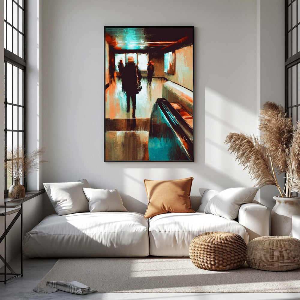 Wadi Home abstract wall art depicting silhouetted figures on an escalator with warm oranges, browns, and teal accents.