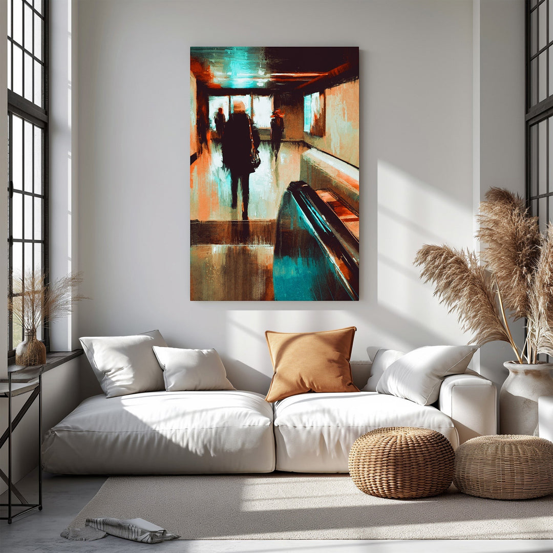 Wadi Home abstract wall art depicting silhouetted figures on an escalator with warm oranges, browns, and teal accents.