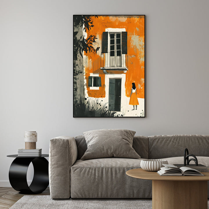 Wadi Home abstract artwork of an orange European building with a balcony and a solitary figure in an orange dress.