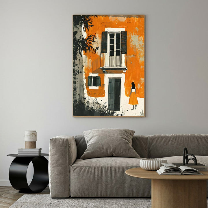 Wadi Home abstract artwork of an orange European building with a balcony and a solitary figure in an orange dress.