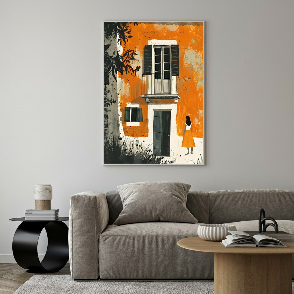 Wadi Home abstract artwork of an orange European building with a balcony, shutters, and a solitary figure in an orange dress.