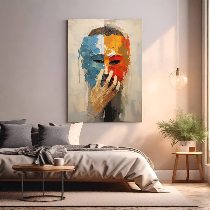 Wadi Home abstract expressionist wall art of a masked face in bold blues, reds, and oranges, with a hand covering the mouth.