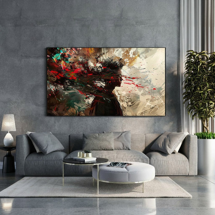 Wadi Home Abstract Expressionist Portrait Wall Art, dynamic explosion of reds, greens, blacks, and neutral textured background.