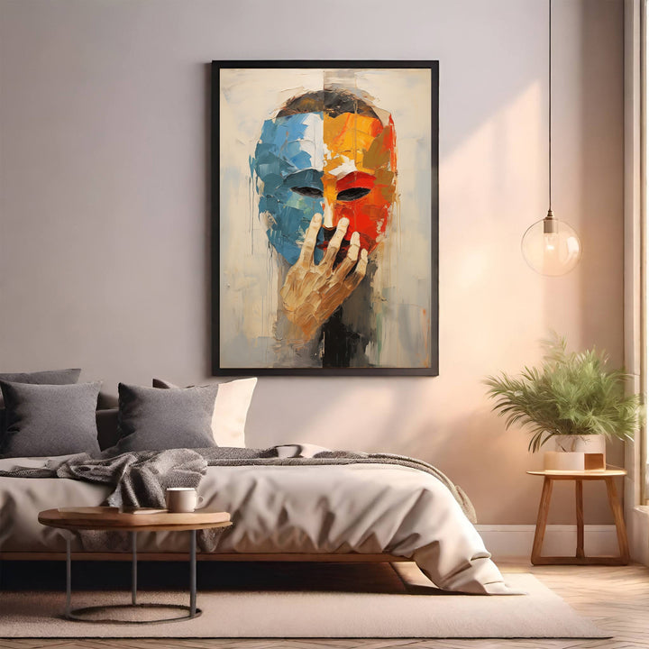 Wadi Home abstract expressionist portrait wall art with masked face in blues, reds, and oranges, textured brushstrokes.