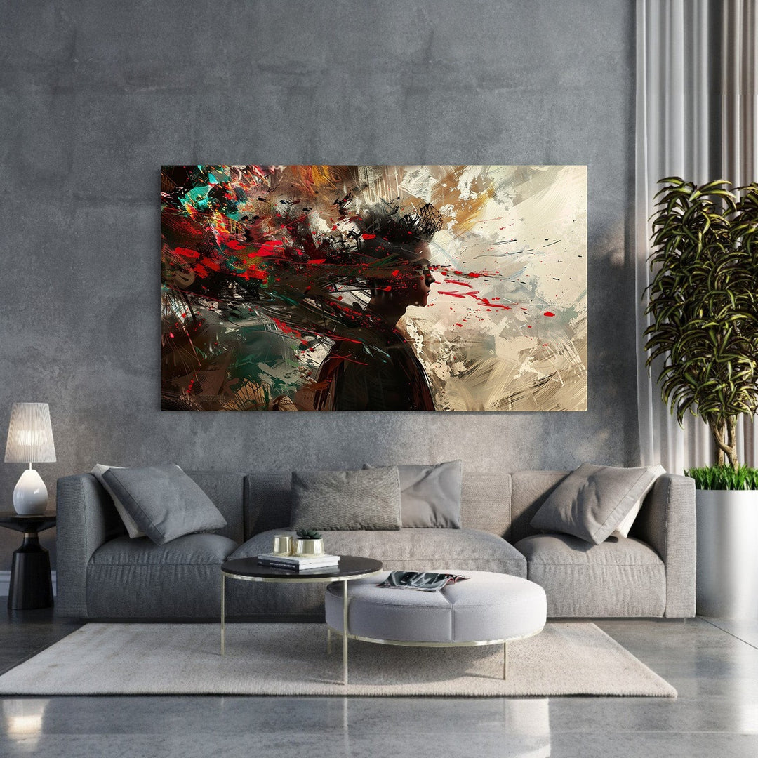 Wadi Home Abstract Expressionist Portrait Wall Art with red, green, and black paint splatters on a neutral background.