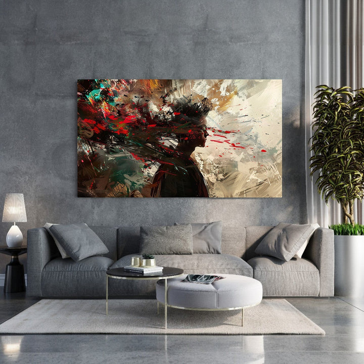 Wadi Home Abstract Expressionist Portrait Wall Art with red, green, and black paint splatters on a neutral background.