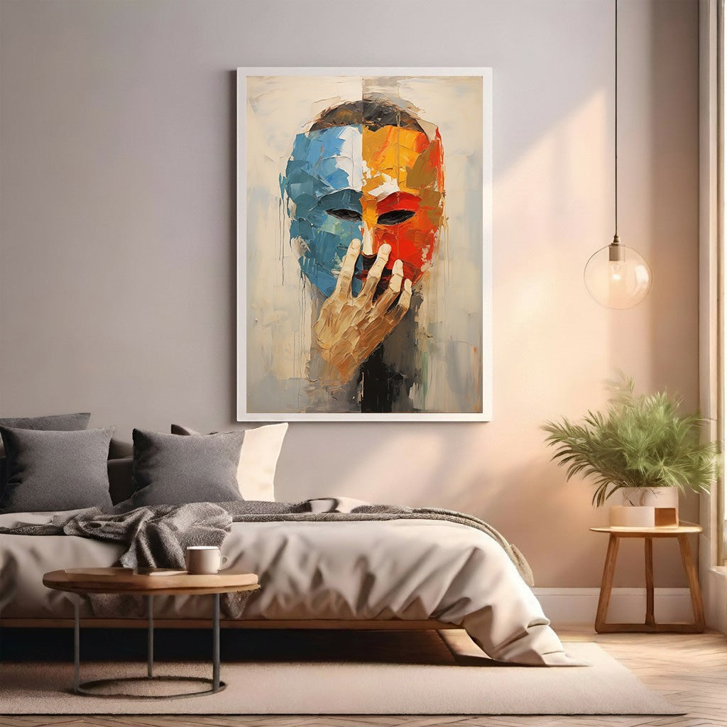 Wadi Home abstract expressionist portrait wall art, masked face in bold blues, reds, and oranges, textured brushstrokes.