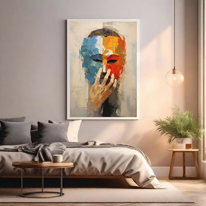 Wadi Home abstract expressionist portrait wall art, masked face in bold blues, reds, and oranges, textured brushstrokes.