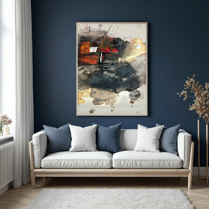 Wadi Home abstract expressionist wall art with bold strokes in earthy tones and vibrant accents, framed in light wood.