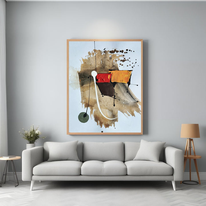 Wadi Home abstract expressionist wall art with earthy tones, bold strokes, and textures in a light wood frame.