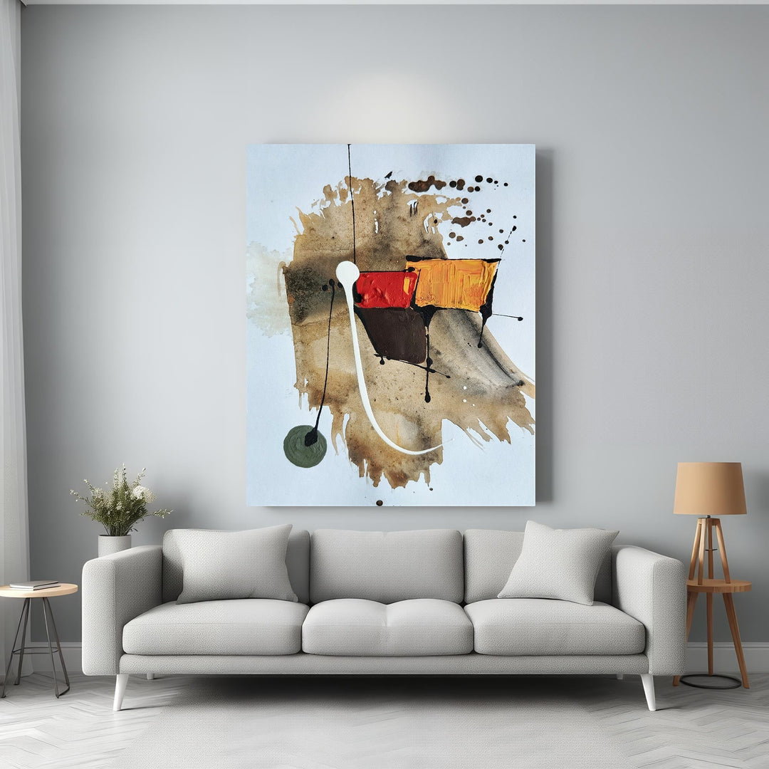 Wadi Home abstract expressionist wall art with earthy tones, bold strokes, and intriguing textures. Features red, orange, and brown blocks.