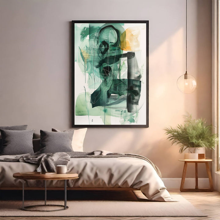 Wadi Home abstract expressionist wall art in deep greens, yellows, and black lines. Textured brushstrokes add depth.