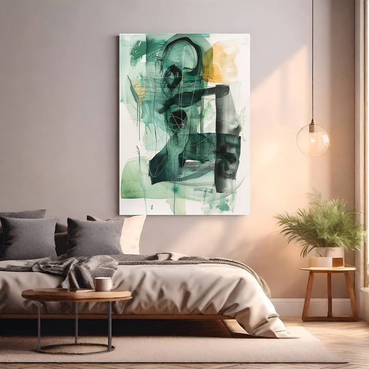 Wadi Home abstract expressionist wall art with deep greens, yellow, and black lines on canvas.