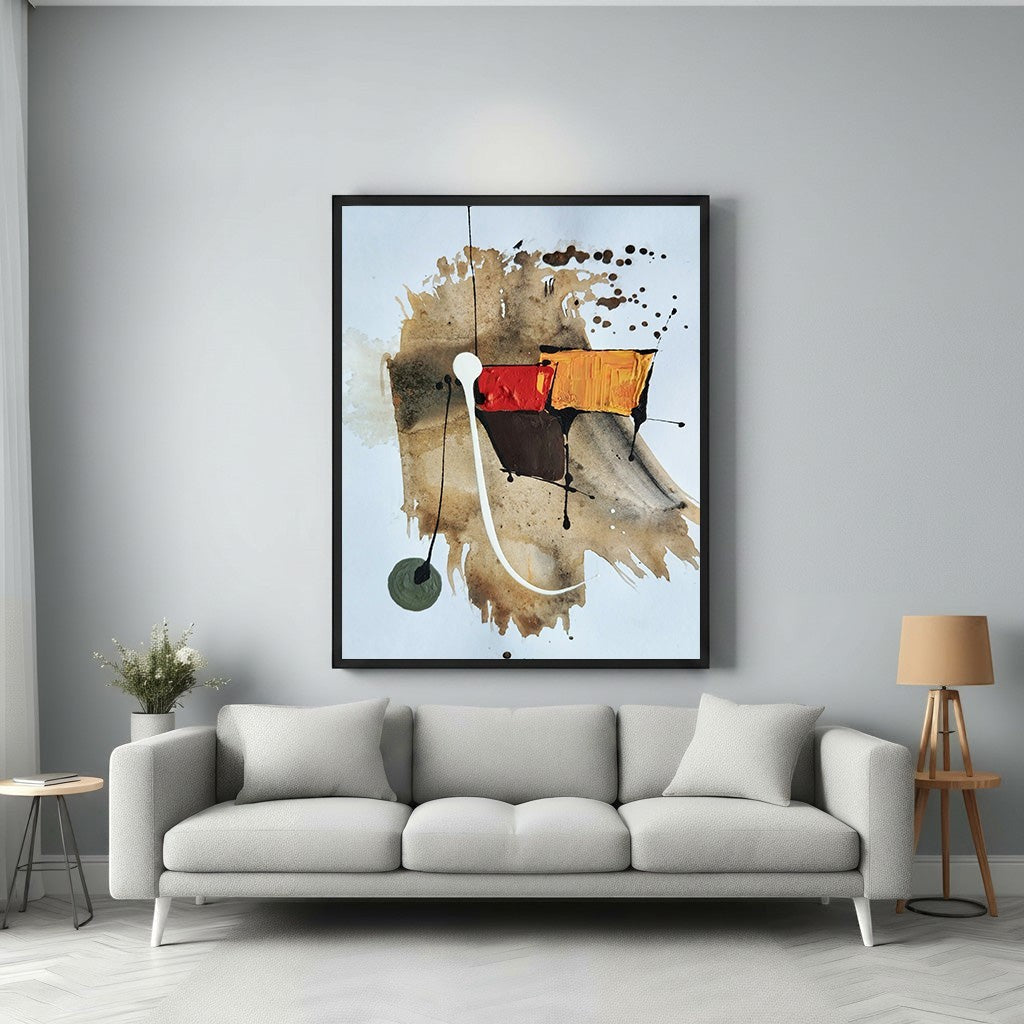Wadi Home abstract expressionist wall art print with earthy tones, bold strokes, and textured splashes. Features red, orange, and brown blocks.