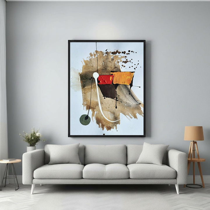 Wadi Home abstract expressionist wall art print with earthy tones, bold strokes, and textured splashes. Features red, orange, and brown blocks.