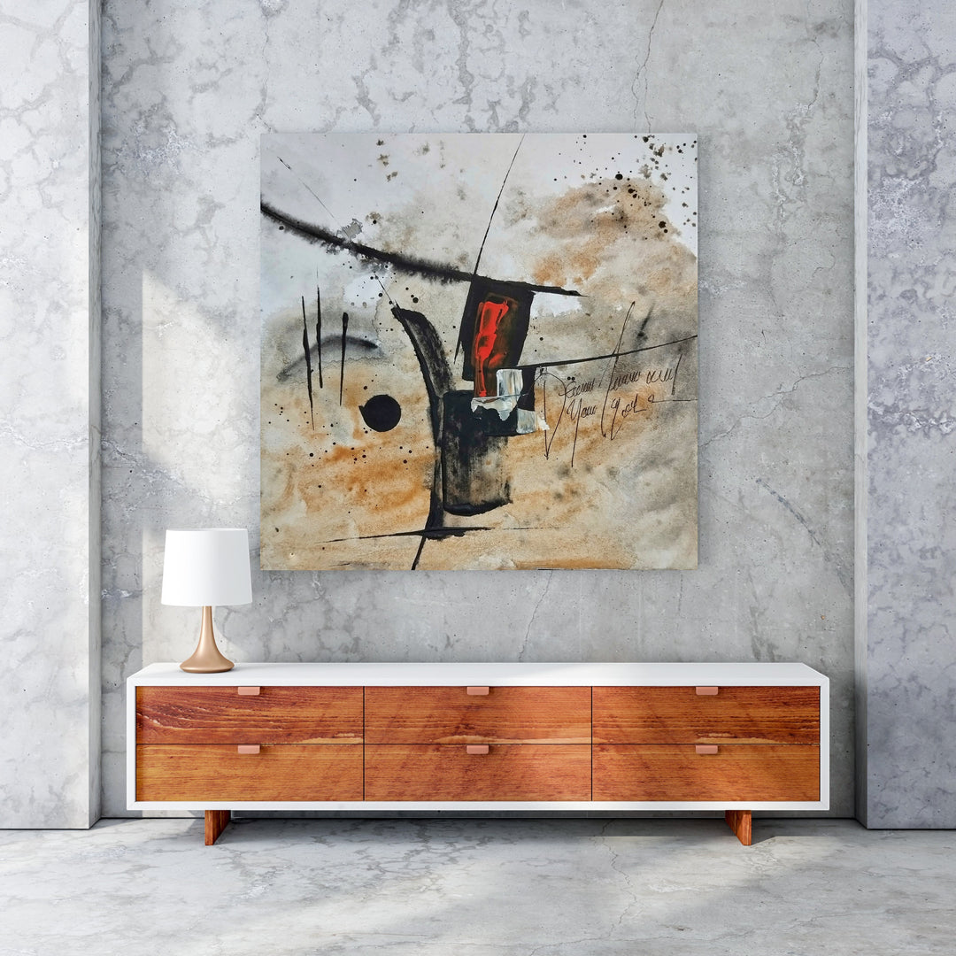 Wadi Home Abstract Expressionist wall art with earthy tones, black strokes, and red accent. Textured mixed-media.