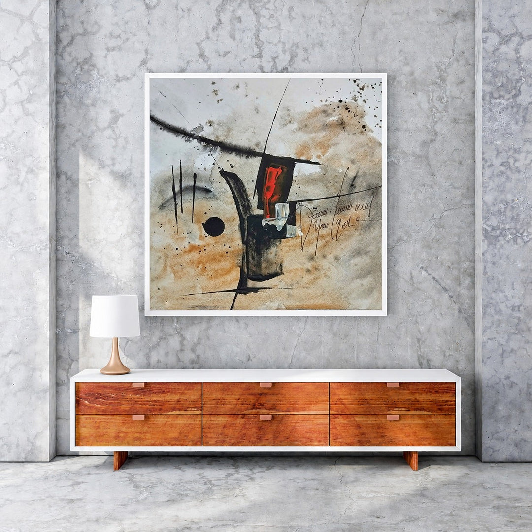 Wadi Home Abstract Expressionist Wall Art with earthy tones, black strokes, and red accent. Textured mixed-media.